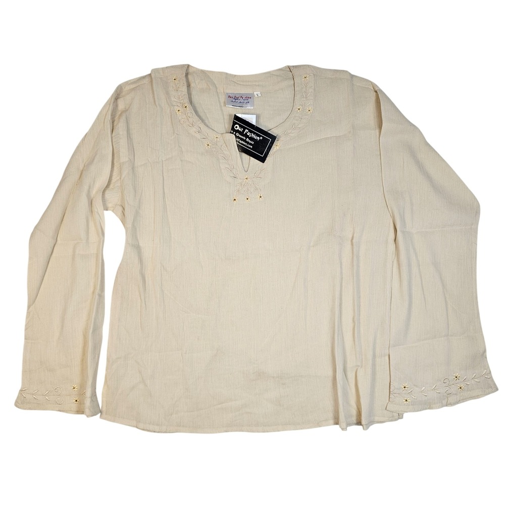 Far Out Fashion Cream Embroidered Long Sleeve Tunic Top NWT Size L Boho Hippie
